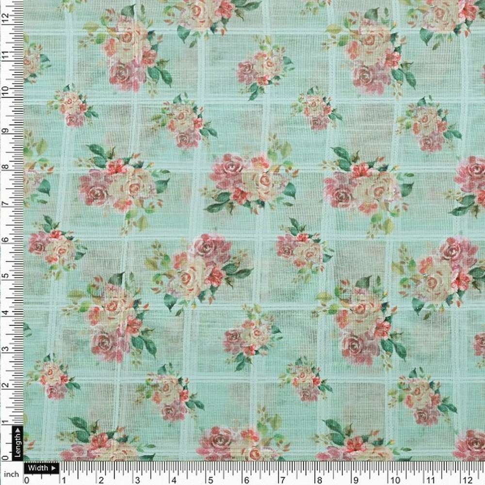Mint Green Floral Printed Linen Fabric - Image 4