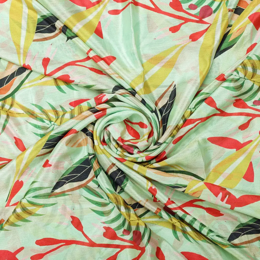 Modern Tropical Leaves Print Sea Green Chinon Fabric - Image 2
