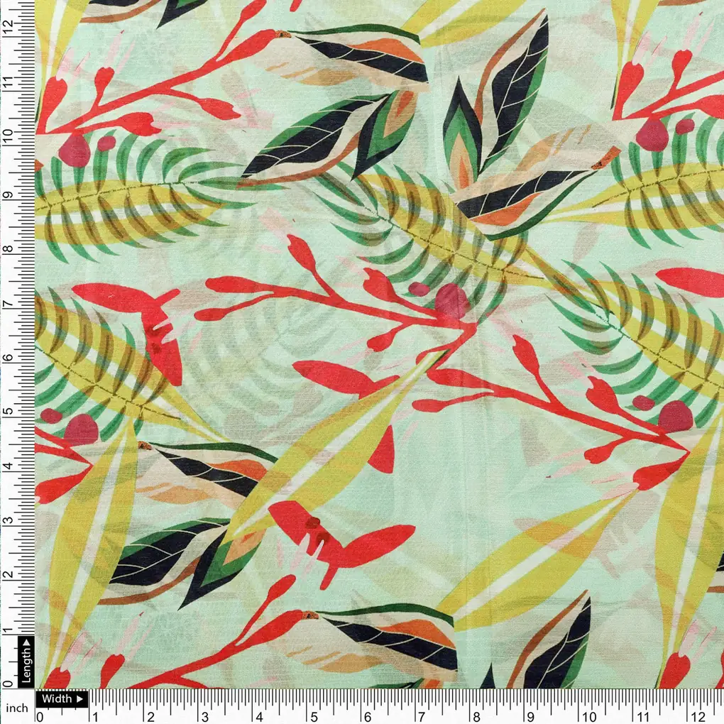 Modern Tropical Leaves Print Sea Green Chinon Fabric - Image 4
