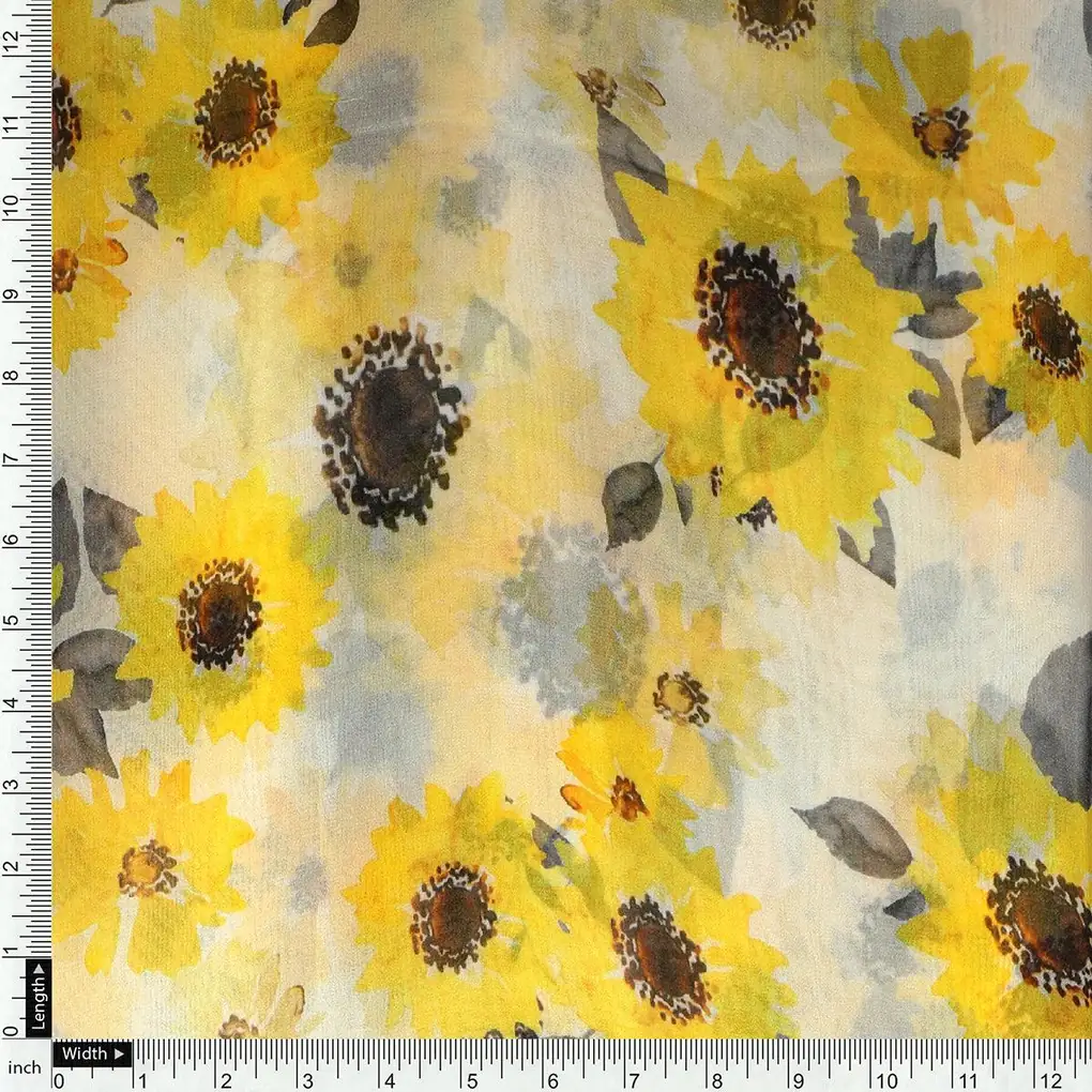 Morden Classic Yellow Sunflower Digital Printed Fabric - Pure Georgette - Image 4