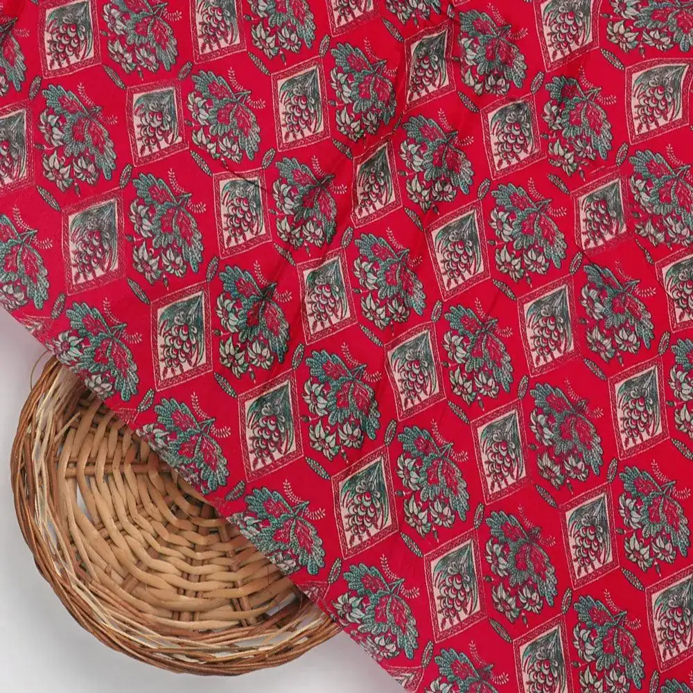 Morden Damask With Flower Digital Printed Fabric - Upada Silk - Image 3