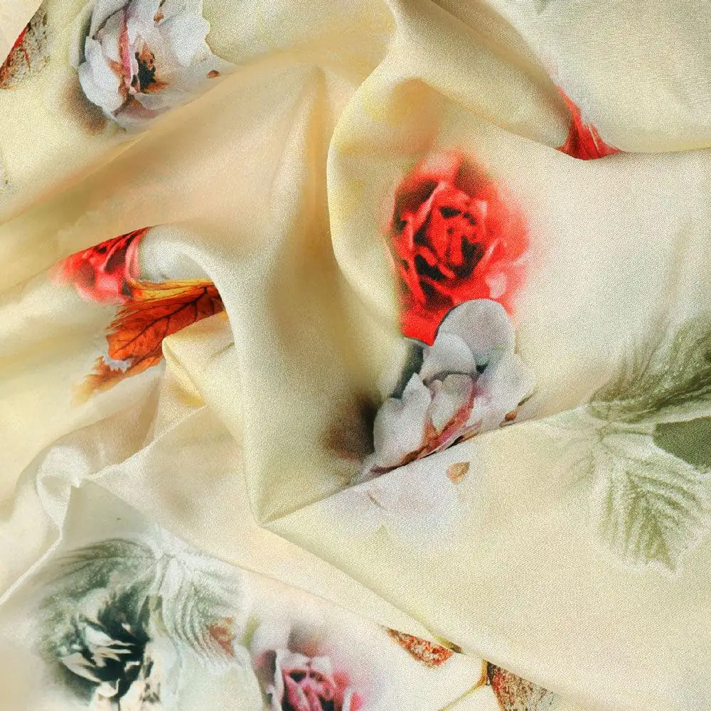Morden Gradient Colourful Leaves With Roses Digital Printed Fabric - Silk Crepe - Image 3