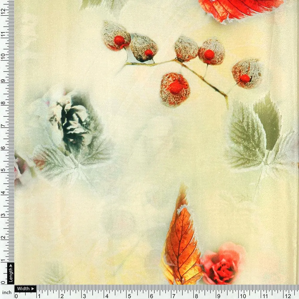Morden Gradient Colourful Leaves With Roses Digital Printed Fabric - Silk Crepe - Image 4