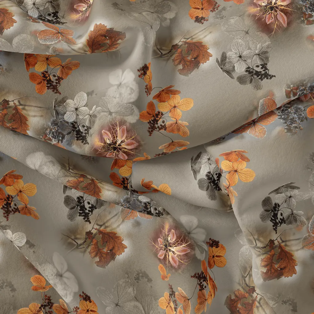 Morden Periwinkle Floral Flower With Gray Leaves Digital Printed Fabric - Image 4