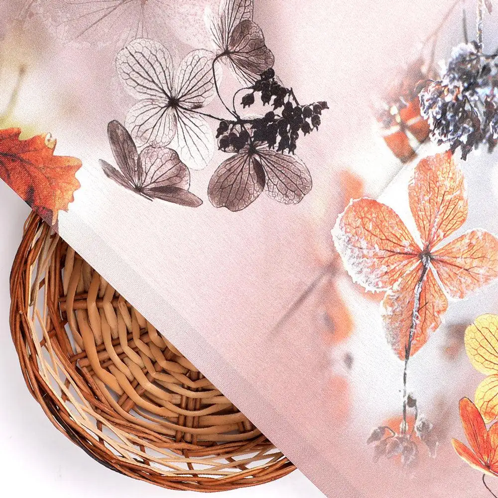 Morden Periwinkle Floral Flowers With Gray Leaves Digital Printed Fabric - Japan Satin - Image 2