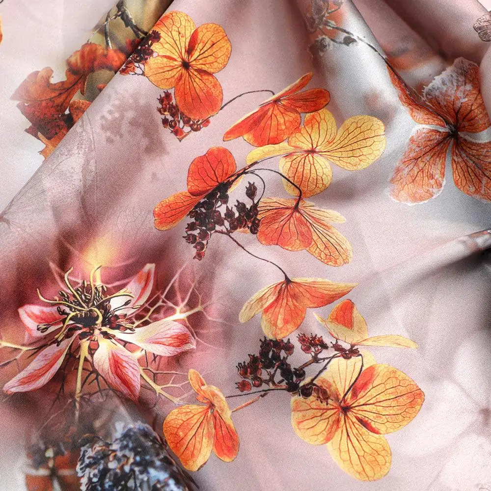 Morden Periwinkle Floral Flowers With Gray Leaves Digital Printed Fabric - Japan Satin - Image 3