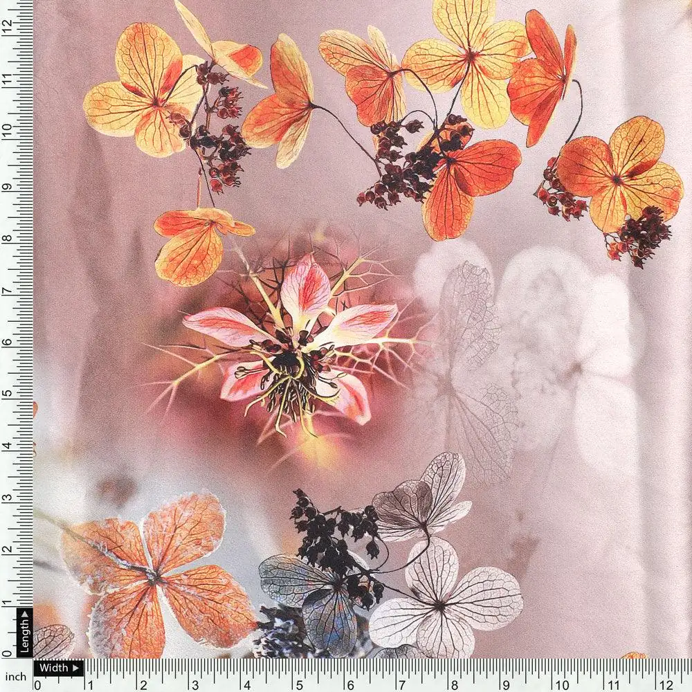 Morden Periwinkle Floral Flowers With Gray Leaves Digital Printed Fabric - Japan Satin - Image 4
