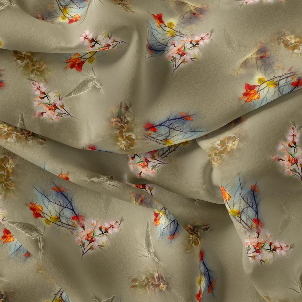 Morden Pink Periwinkle Flower With Mehndi Background Digital Printed Fabric - Organza - Image 4
