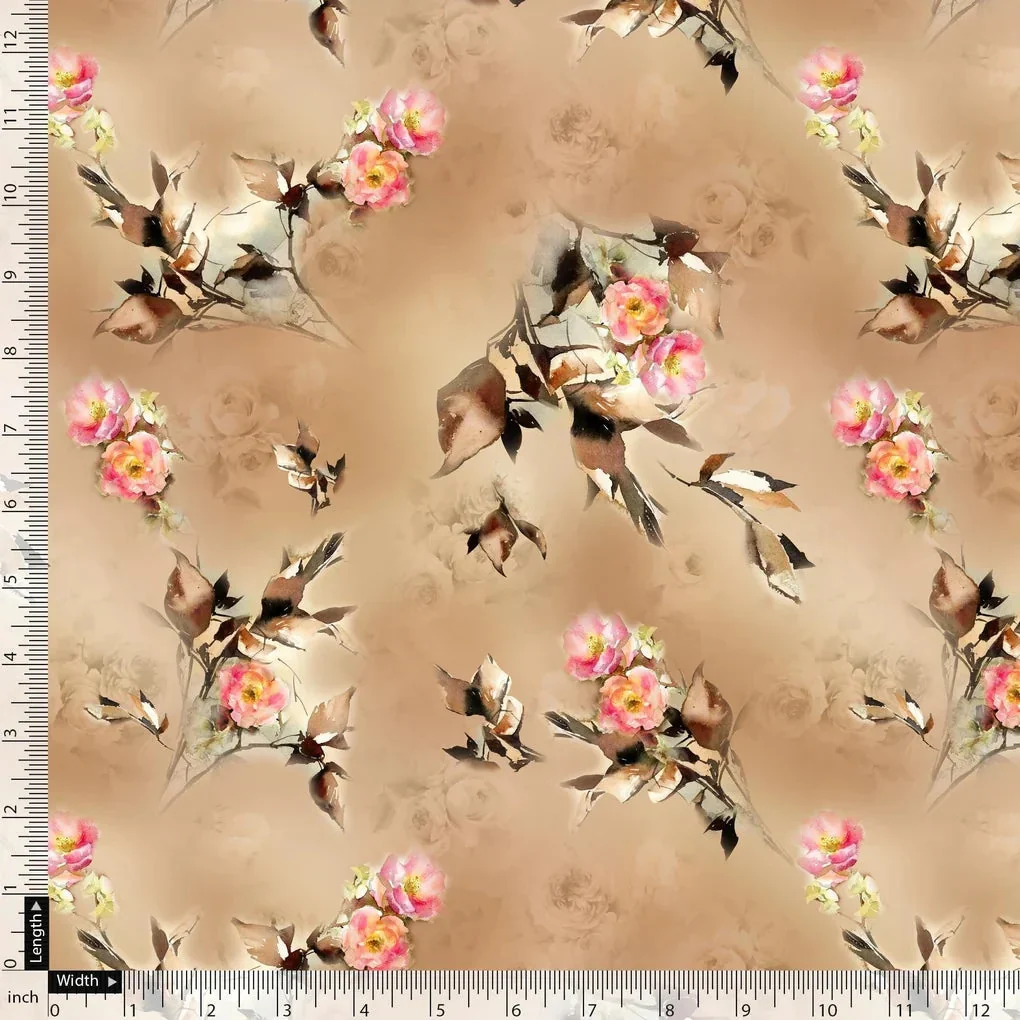 Morden Pink Rose And Leaves Flower Bunch Digital Printed Fabric - Image 4
