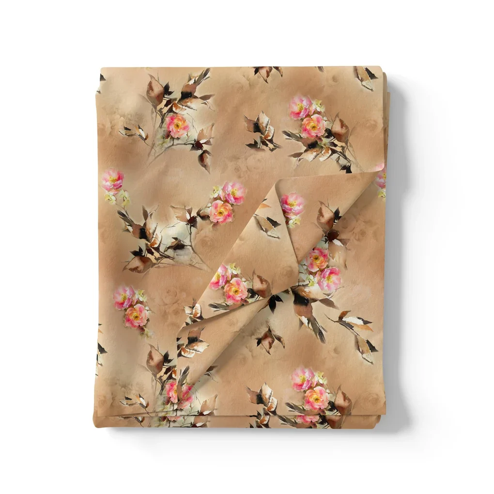 Morden Pink Rose And Leaves Flower Bunch Digital Printed Fabric - Pure Cotton - Image 3