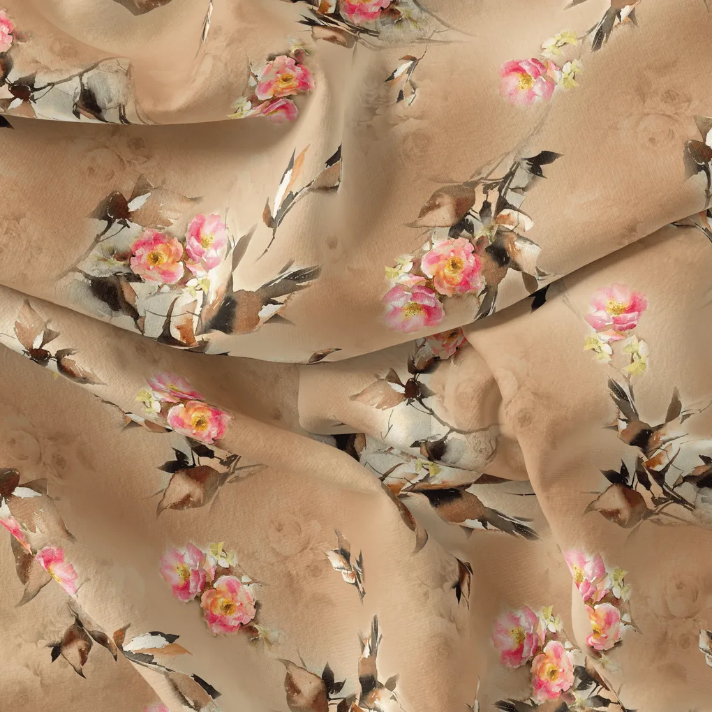 Morden Pink Rose And Leaves Flower Bunch Digital Printed Fabric - Pure Cotton - Image 4