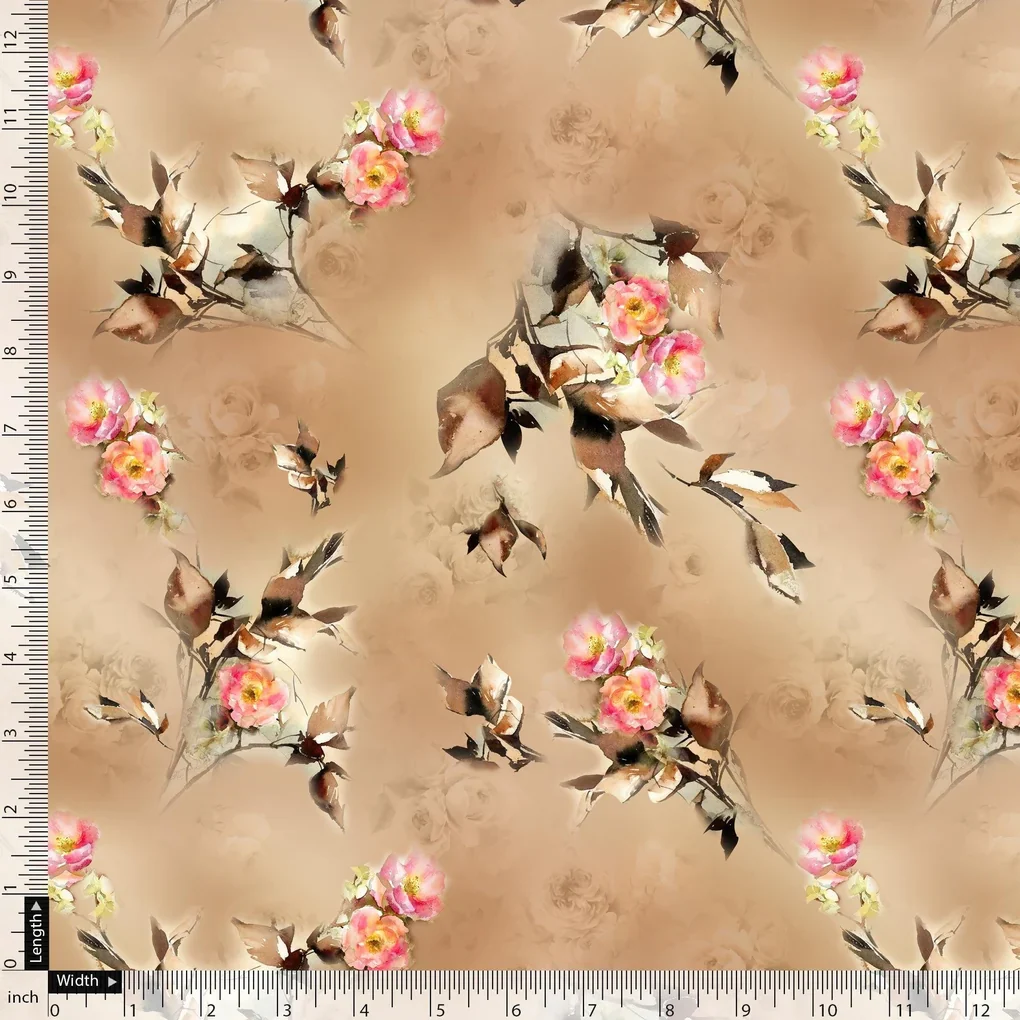 Morden Pink Rose And Leaves Flower Bunch Digital Printed Fabric - Pure Cotton - Image 5
