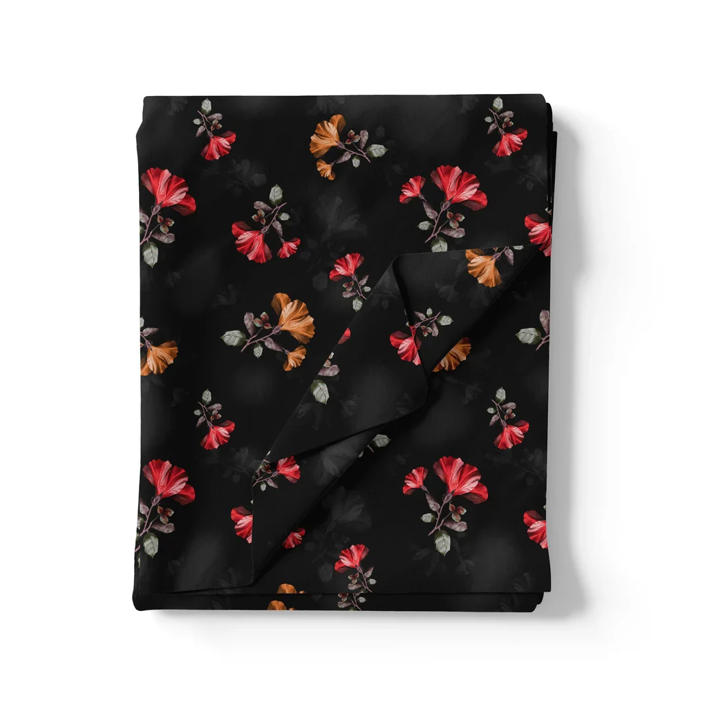 Morden Red Iris With Golden Floral Digital Printed Fabric - Kora Silk - Image 3