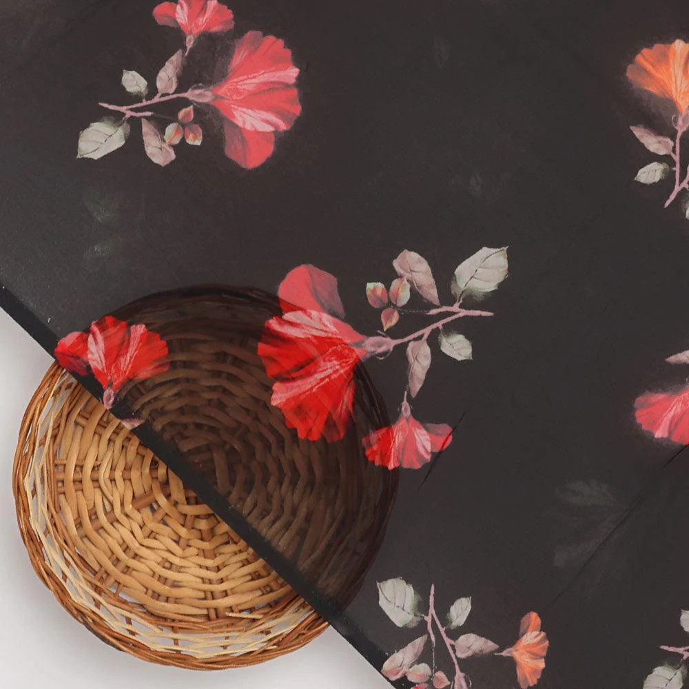 Morden Red Iris With Golden Floral Digital Printed Fabric - Pure Georgette - Image 2