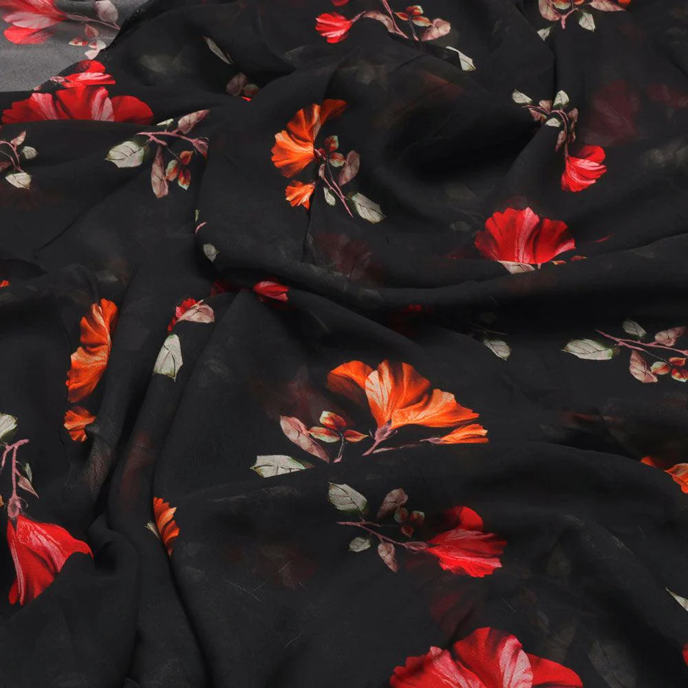 Morden Red Iris With Golden Floral Digital Printed Fabric - Pure Georgette - Image 3