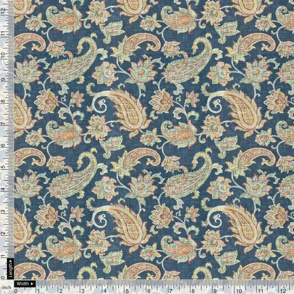 Multi color Paisley Over Blue Base Digital Printed Fabric - Image 4