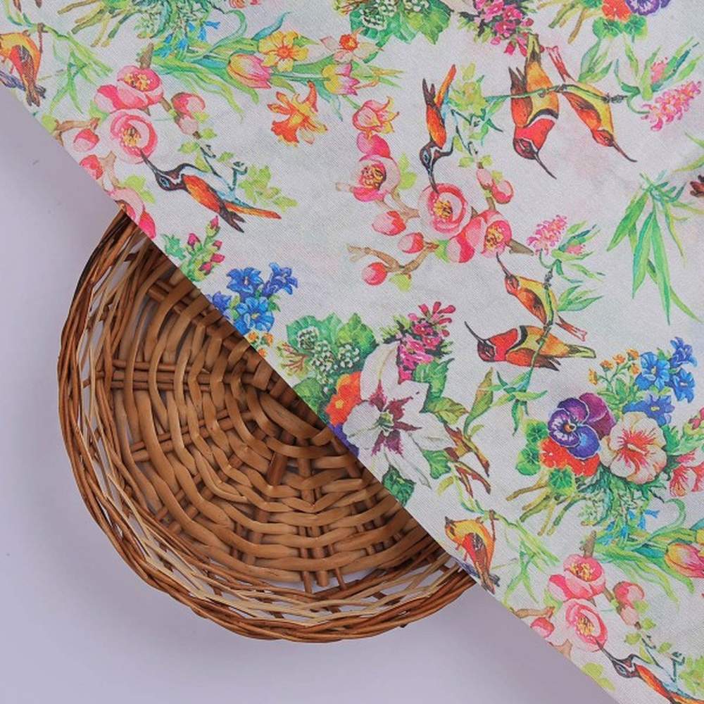 Multi-Colour Bird & Floral Garden Tusser Silk Fabric - Image 2