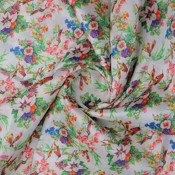 Multi-Colour Bird & Floral Garden Tusser Silk Fabric - Image 3