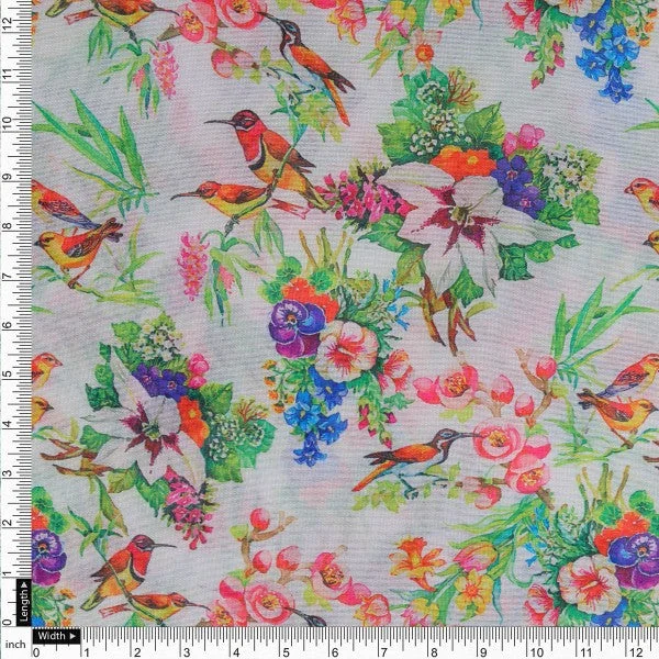 Multi-Colour Bird & Floral Garden Tusser Silk Fabric - Image 4