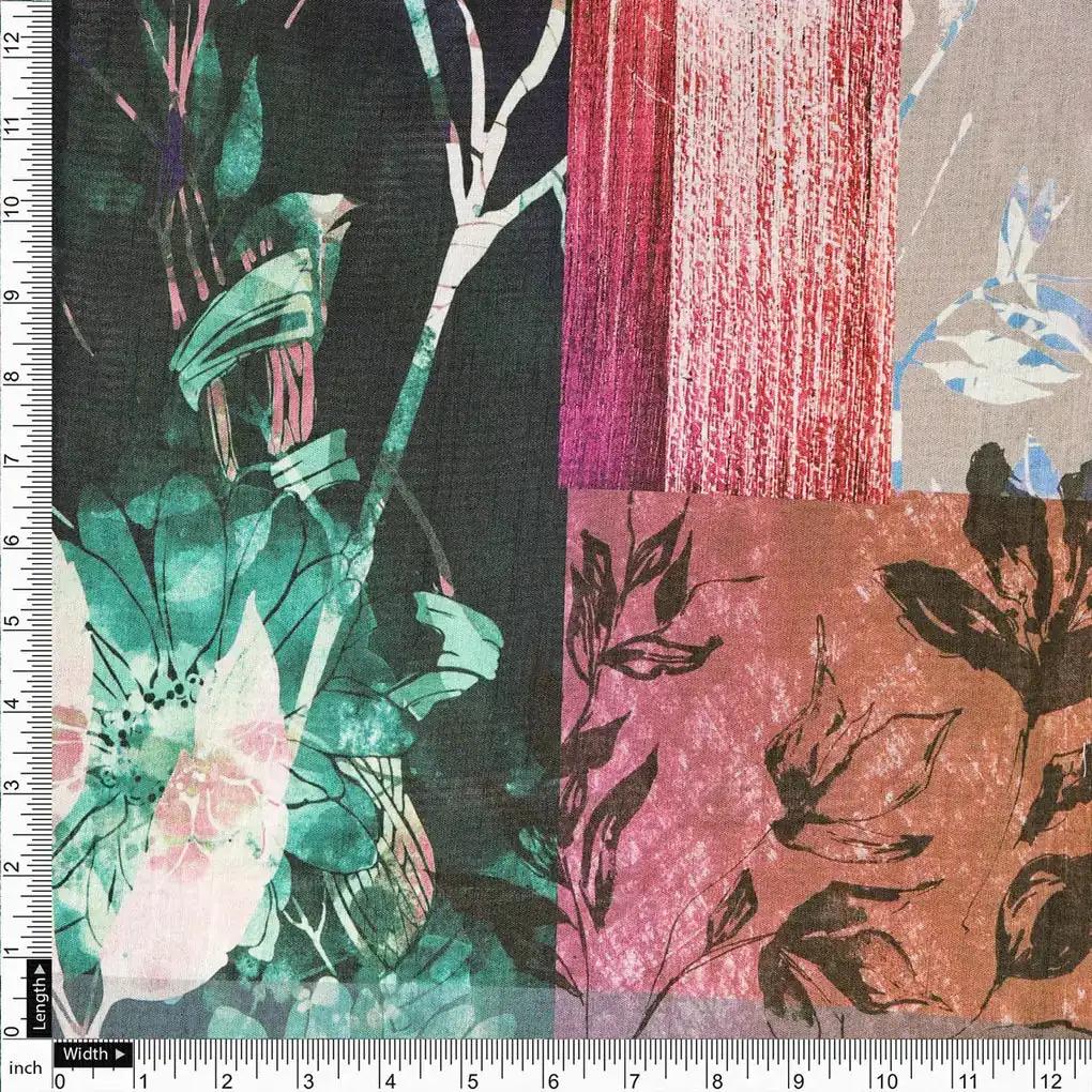 Multicolor Floral Printed Dola Silk Fabric - Image 4
