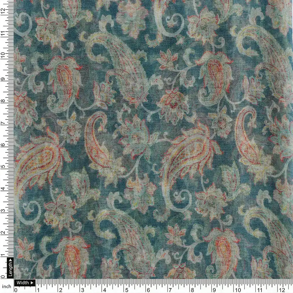 Multi color Paisley Over Blue Base Digital Printed Fabric - Image 4