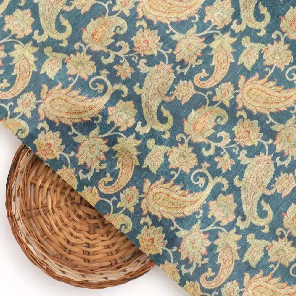 Multi color Paisley Over Blue Base Digital Printed Fabric - Image 2