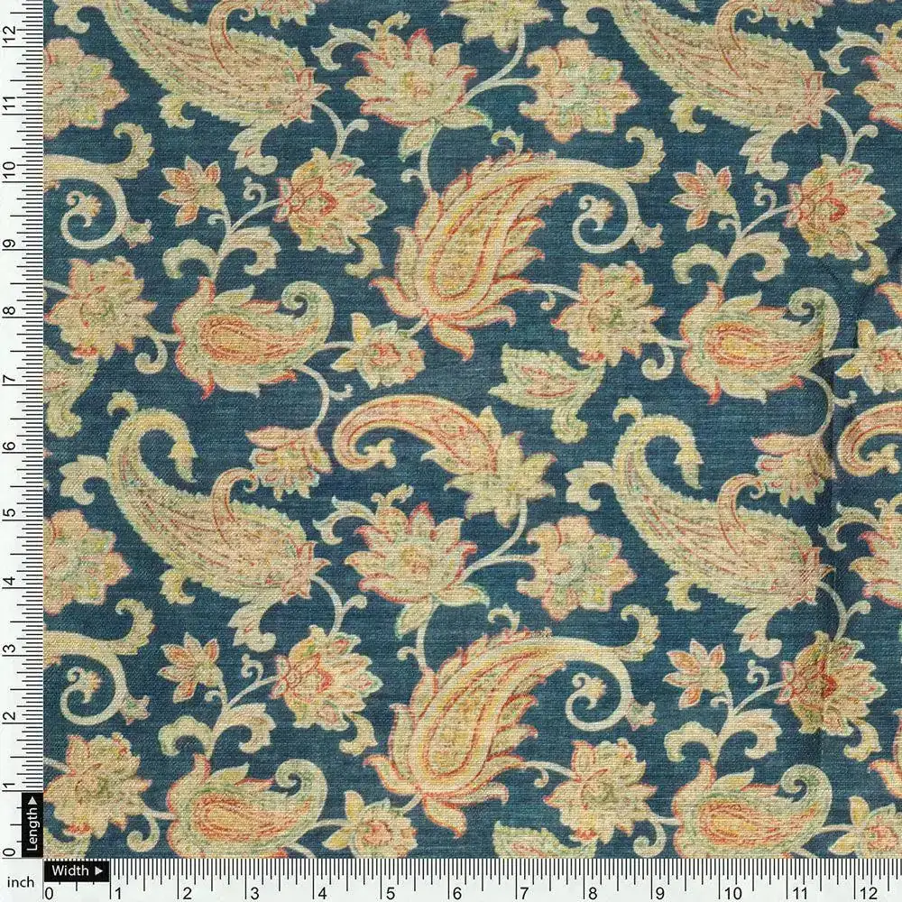 Multi color Paisley Over Blue Base Digital Printed Fabric - Image 4