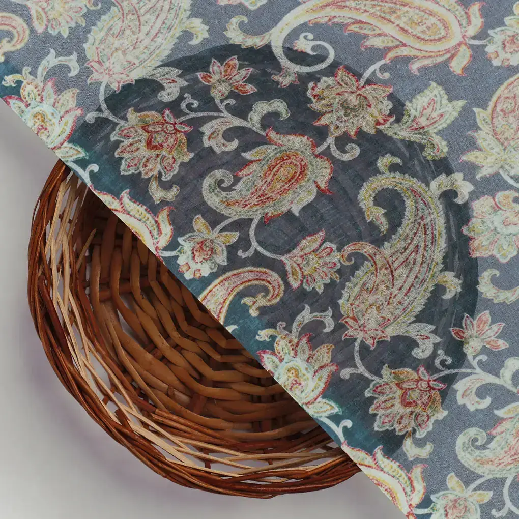 Multi color Paisley Over Blue Base Digital Printed Fabric - Image 3
