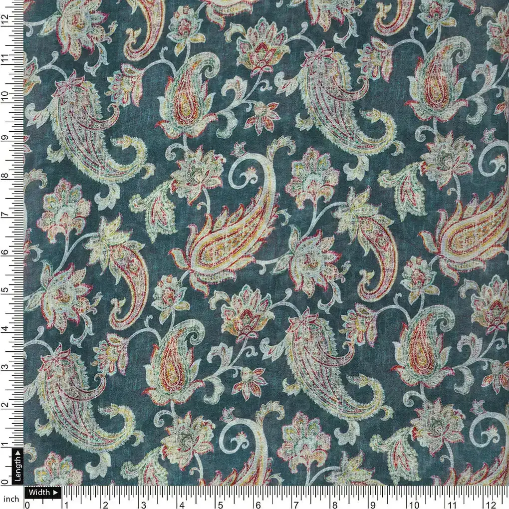 Multi color Paisley Over Blue Base Digital Printed Fabric - Image 4