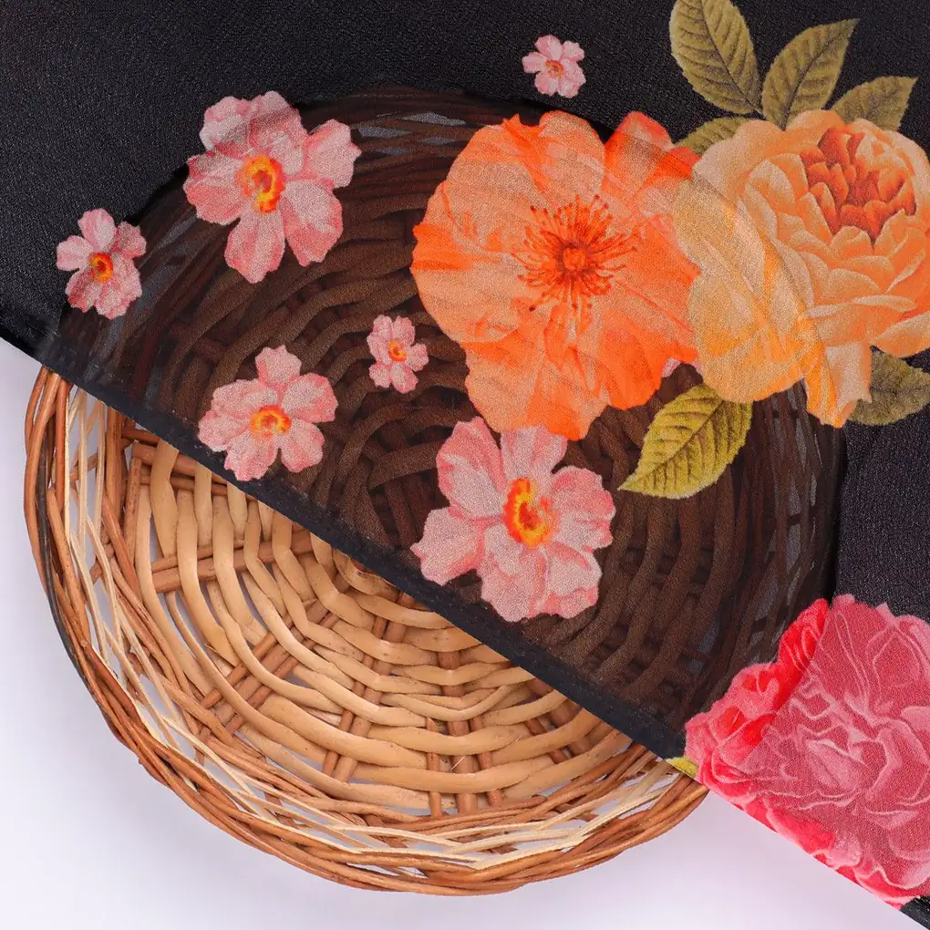 Multicolour Anemone Roses With Digital Printed Fabric - Pure Georgette - Image 2