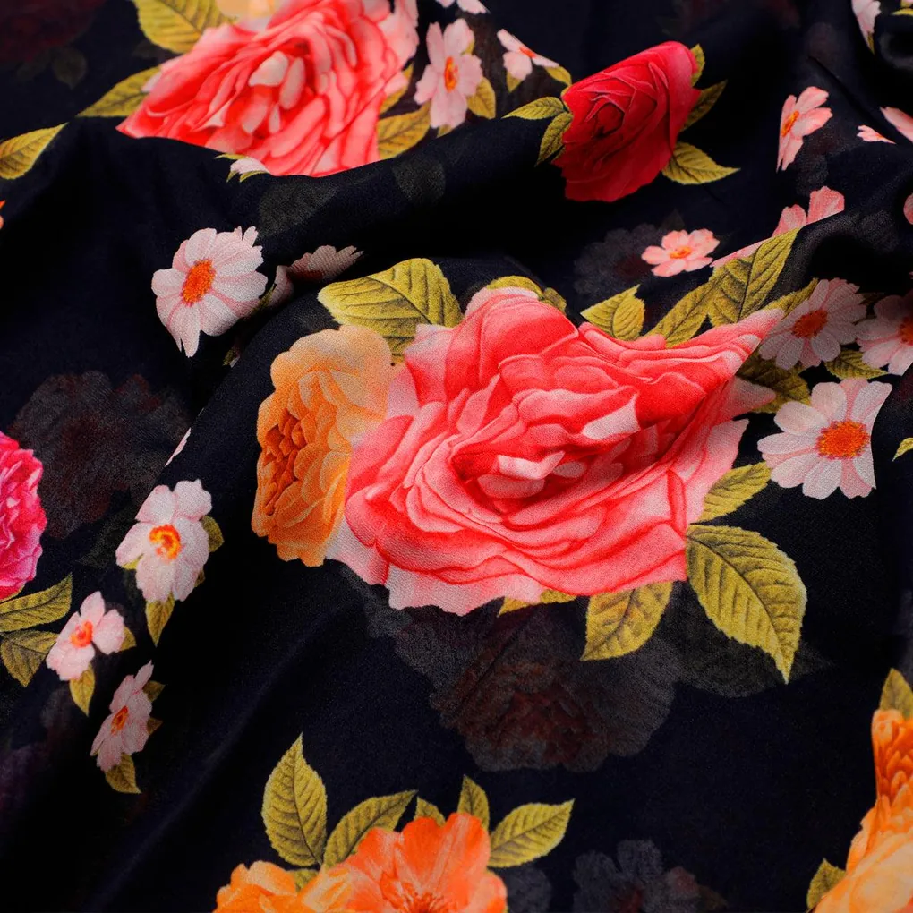 Multicolour Anemone Roses With Digital Printed Fabric - Pure Georgette - Image 3