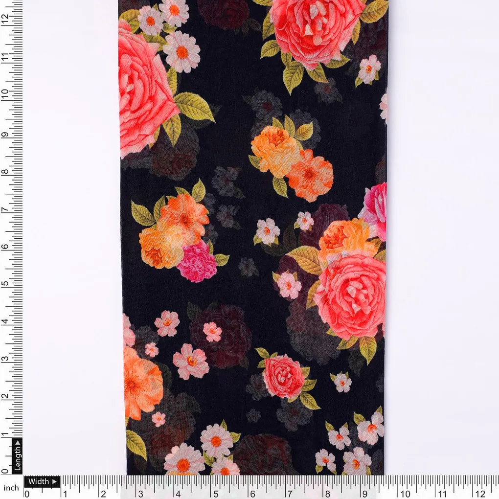 Multicolour Anemone Roses With Digital Printed Fabric - Pure Georgette - Image 4