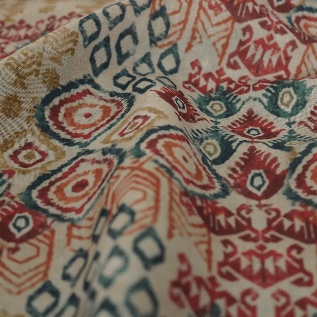 Multicolour Ikat and abstract Pattern Digital Printed Fabric - Linen - Image 3