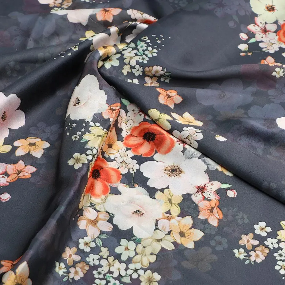 Multicolour Orchid Flower With Grey Background Digital Printed Fabric - Japan Satin - Image 3