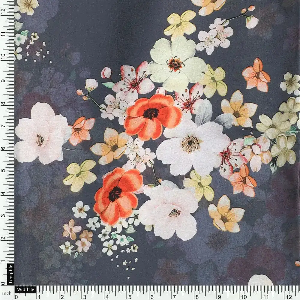 Multicolour Orchid Flower With Grey Background Digital Printed Fabric - Japan Satin - Image 4