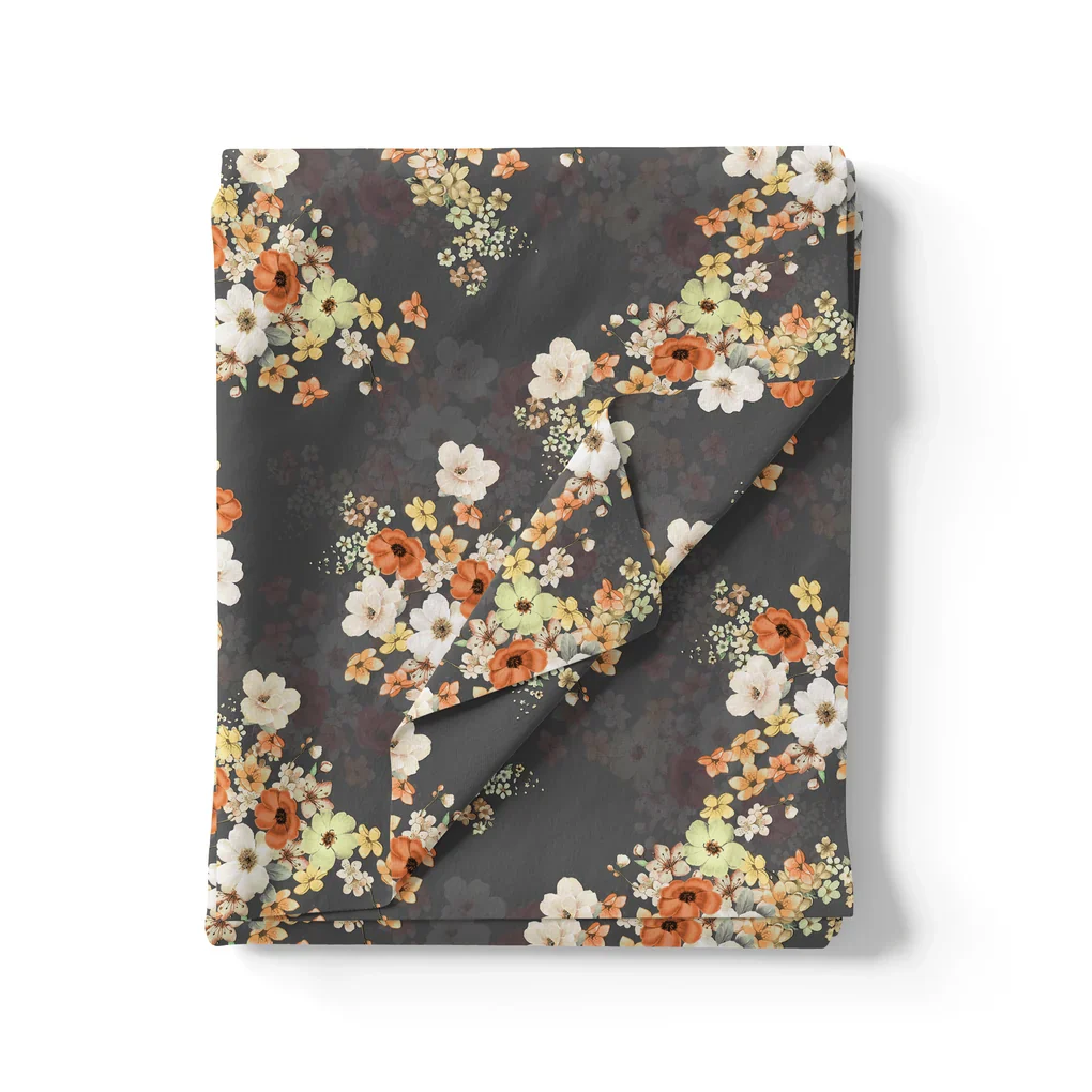 Multicolour Orchid Flower With Grey Background Digital Printed Fabric - Kora Silk - Image 3