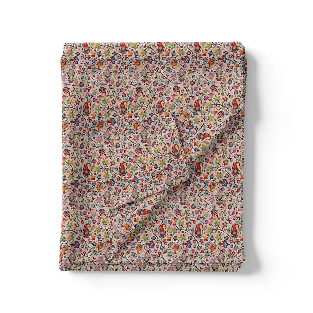 Multicolour Paisley With Buds Leaves Digital Printed Fabric - Image 3