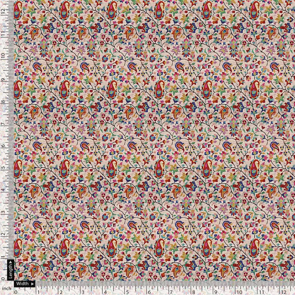 Multicolour Paisley With Buds Leaves Digital Printed Fabric - Image 5