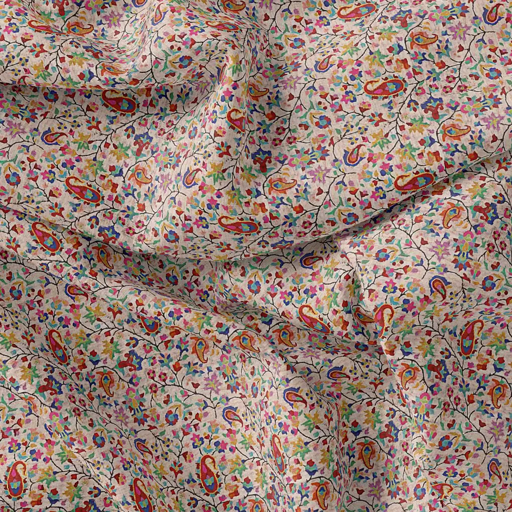 Multicolour Paisley With Buds Leaves Digital Printed Fabric - Weightless - Image 4
