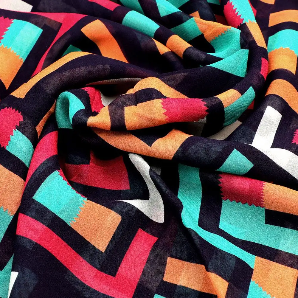 Multicolour Puzzle Rainbow Greek Key Digital Printed Fabric - Pure Georgette - Image 3