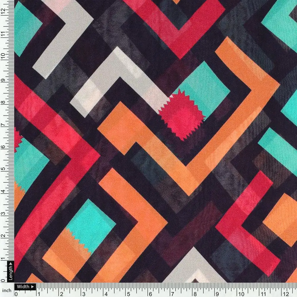 Multicolour Puzzle Rainbow Greek Key Digital Printed Fabric - Pure Georgette - Image 4