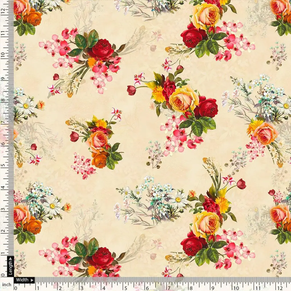 Multicolour Red And Yellow Roses Digital Printed Fabric - Image 4