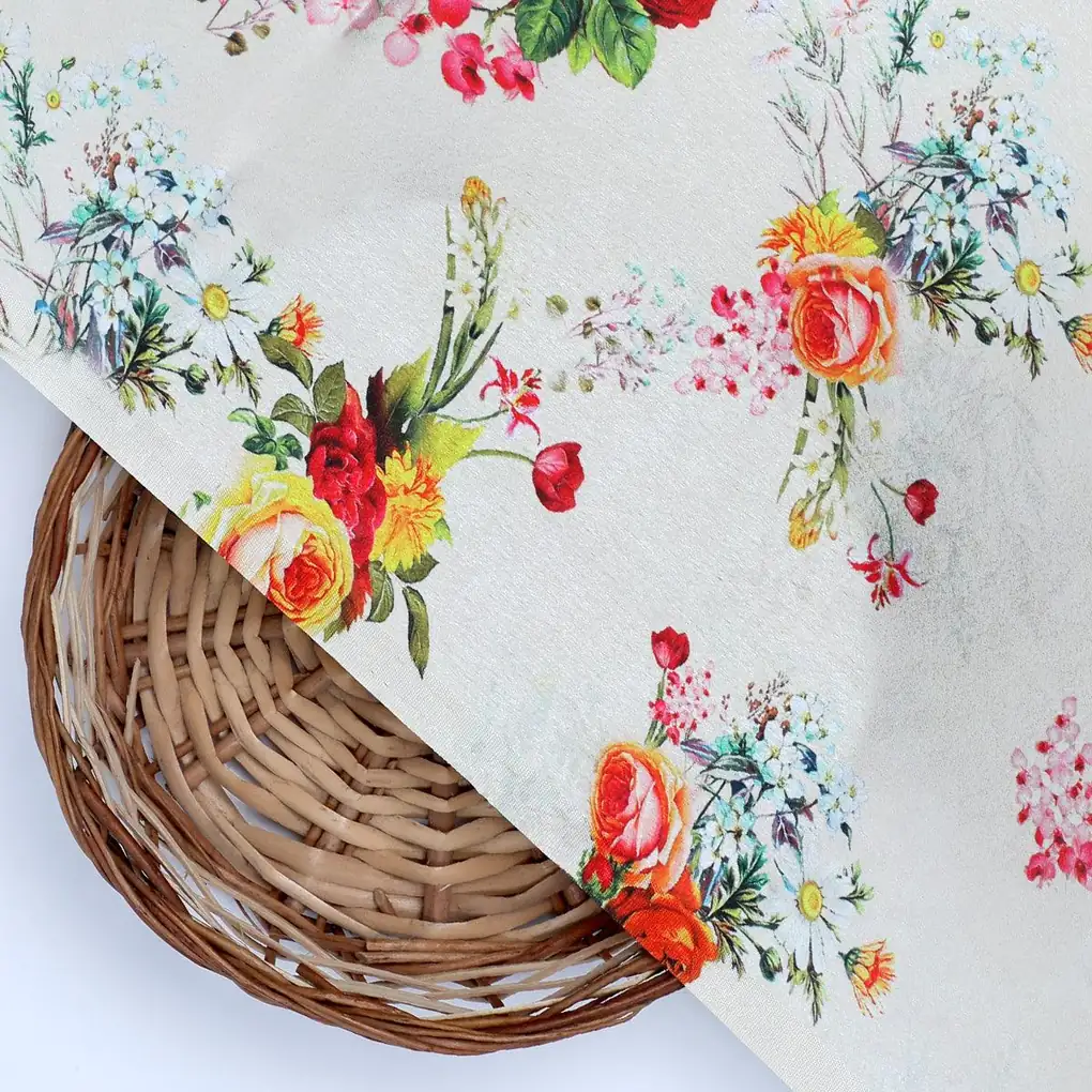 Multicolour Red And Yellow Roses Digital Printed Fabric - Japan Satin - Image 2
