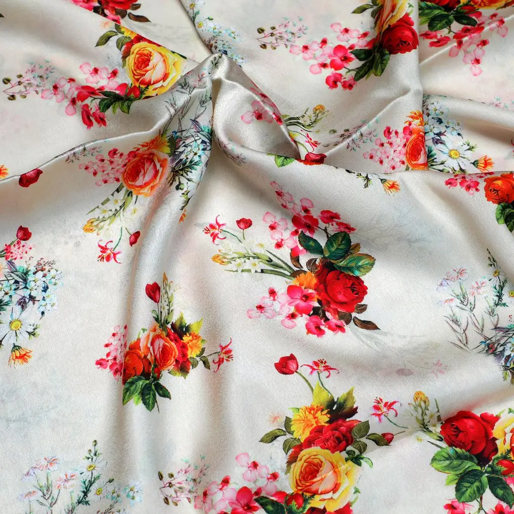 Multicolour Red And Yellow Roses Digital Printed Fabric - Japan Satin - Image 3