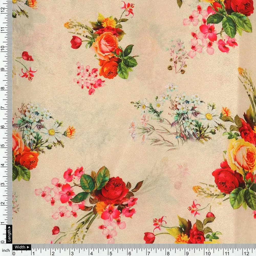 Multicolour Red And Yellow Roses Digital Printed Fabric - Silk Crepe - Image 4