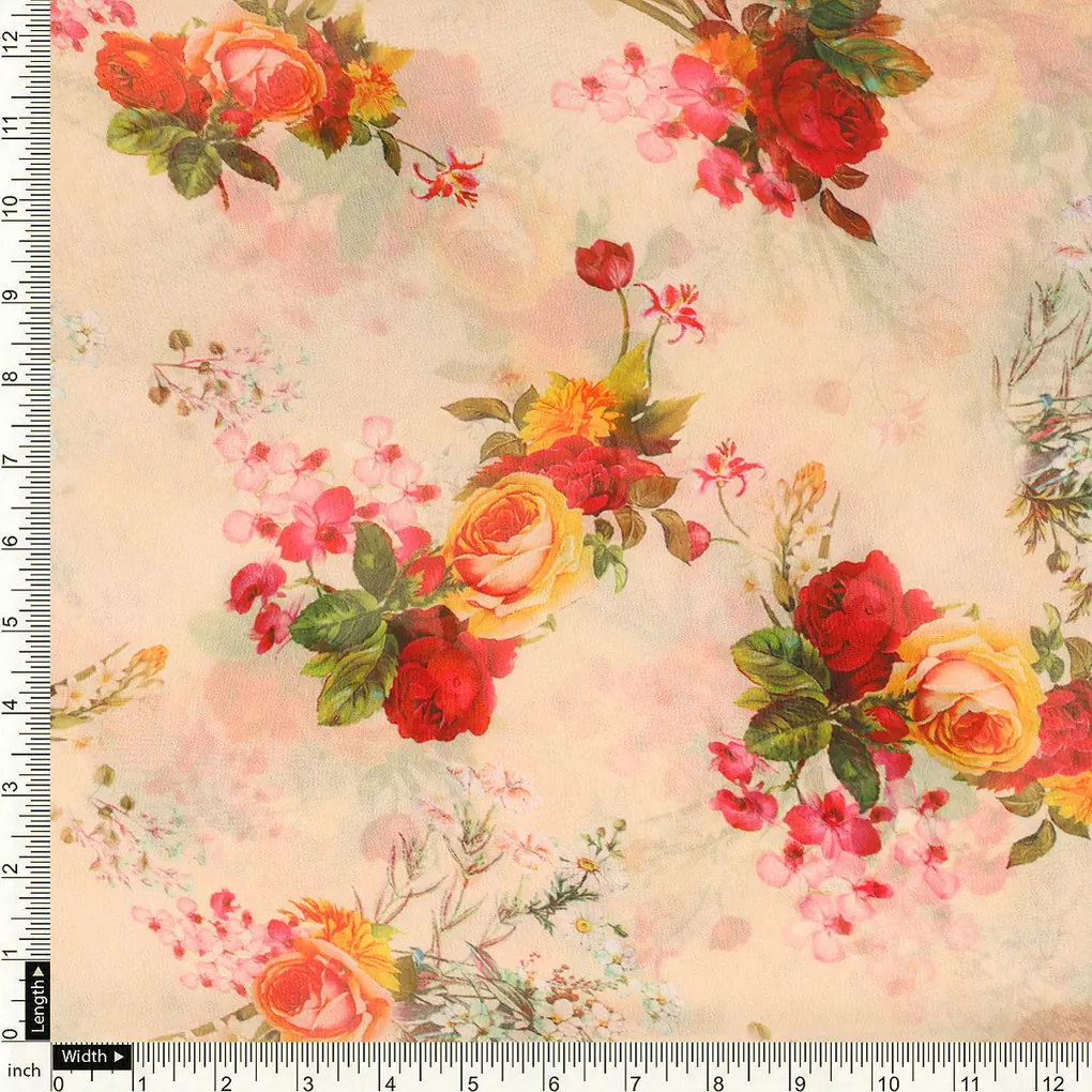 Multicolour Red And Yellow Roses Digital Printed Fabric - Weightless - Image 4