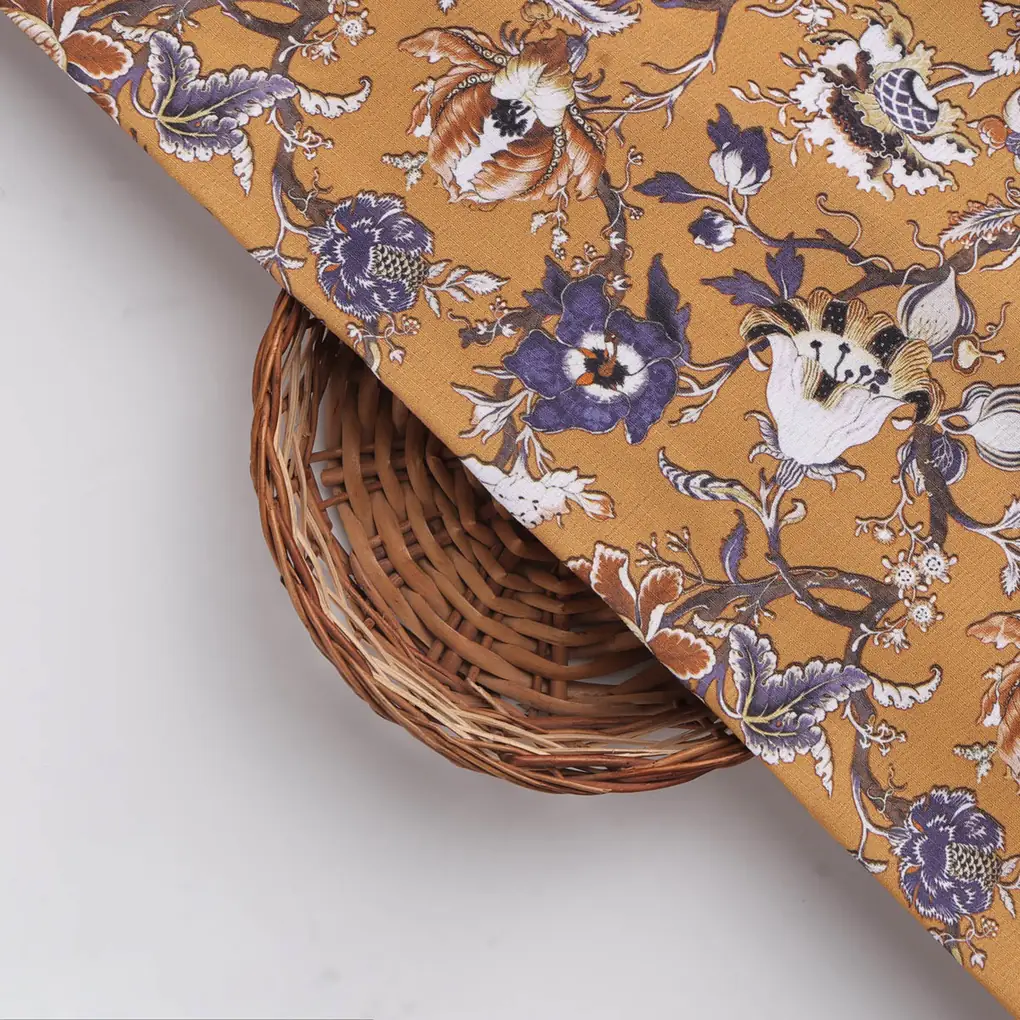 Mustard Ethnic Floral Printed Polyester Fabric for Apparel & Decor - Image 3