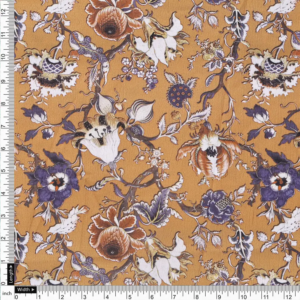 Mustard Ethnic Floral Printed Polyester Fabric for Apparel & Decor - Image 4