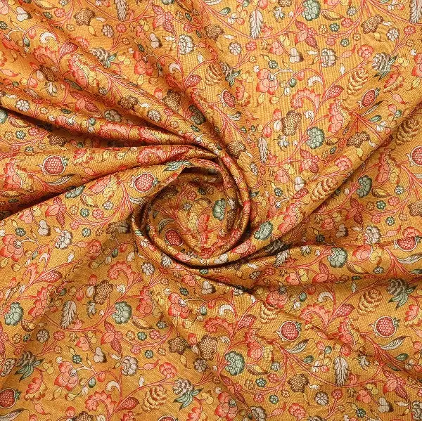 Mustard Gold Floral Tusser Silk Fabric - Image 2