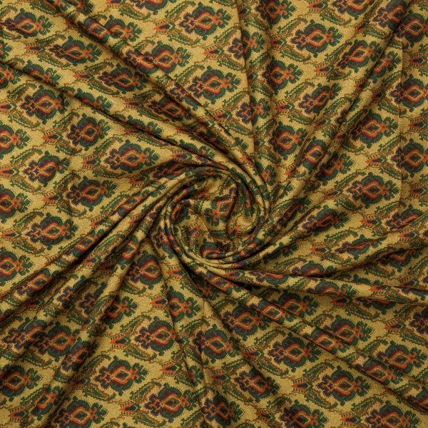 Mustard & Green Ethnic Damask Patterned Rayon Fabric - Image 3
